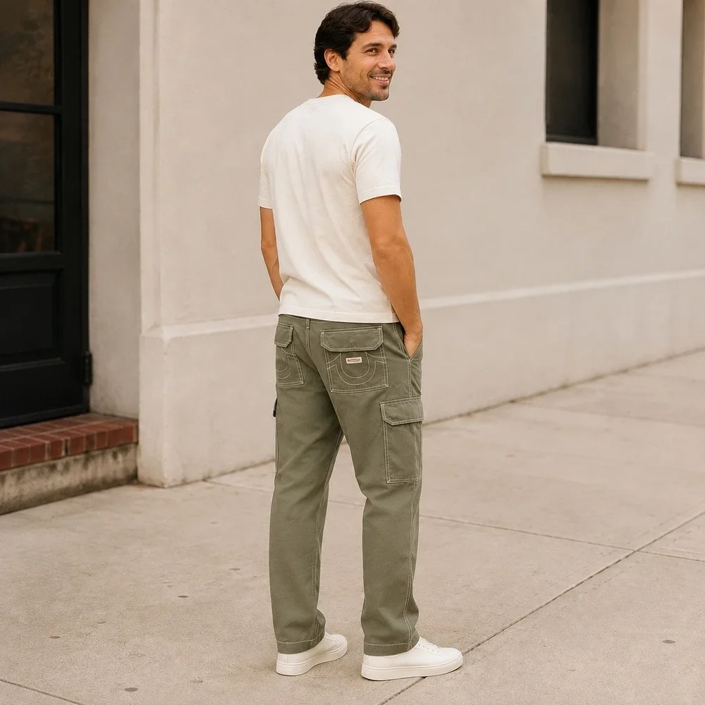 True Religion Mens Olive Green Contrast Stitch Cargo Pants Size 34 Straight Leg